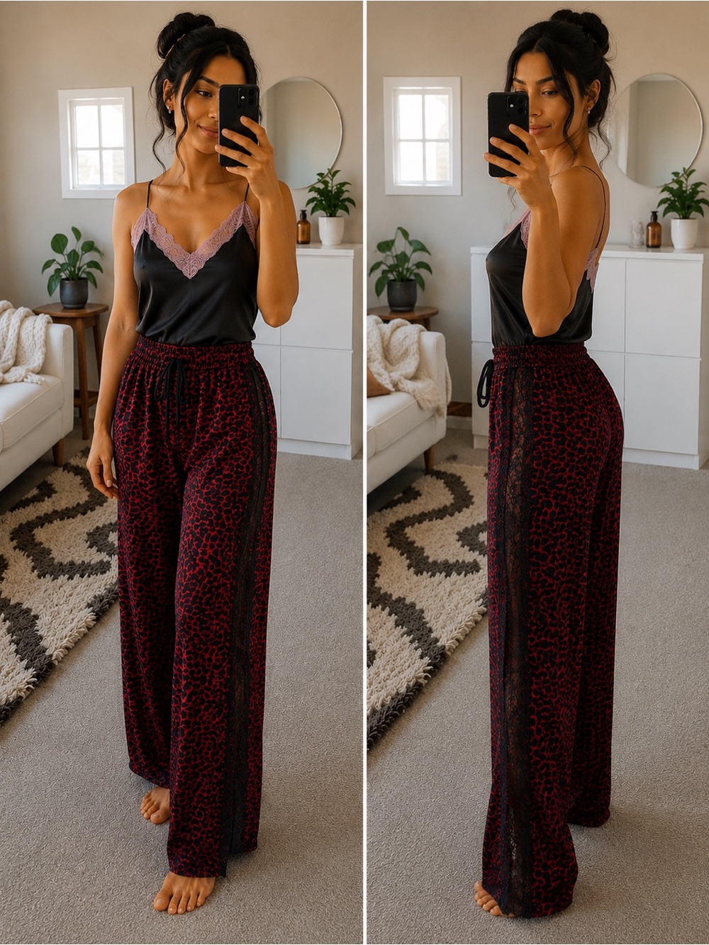 La Vie En Rose Burgundy and Black Wide-Leg Velvet Lounge Pants